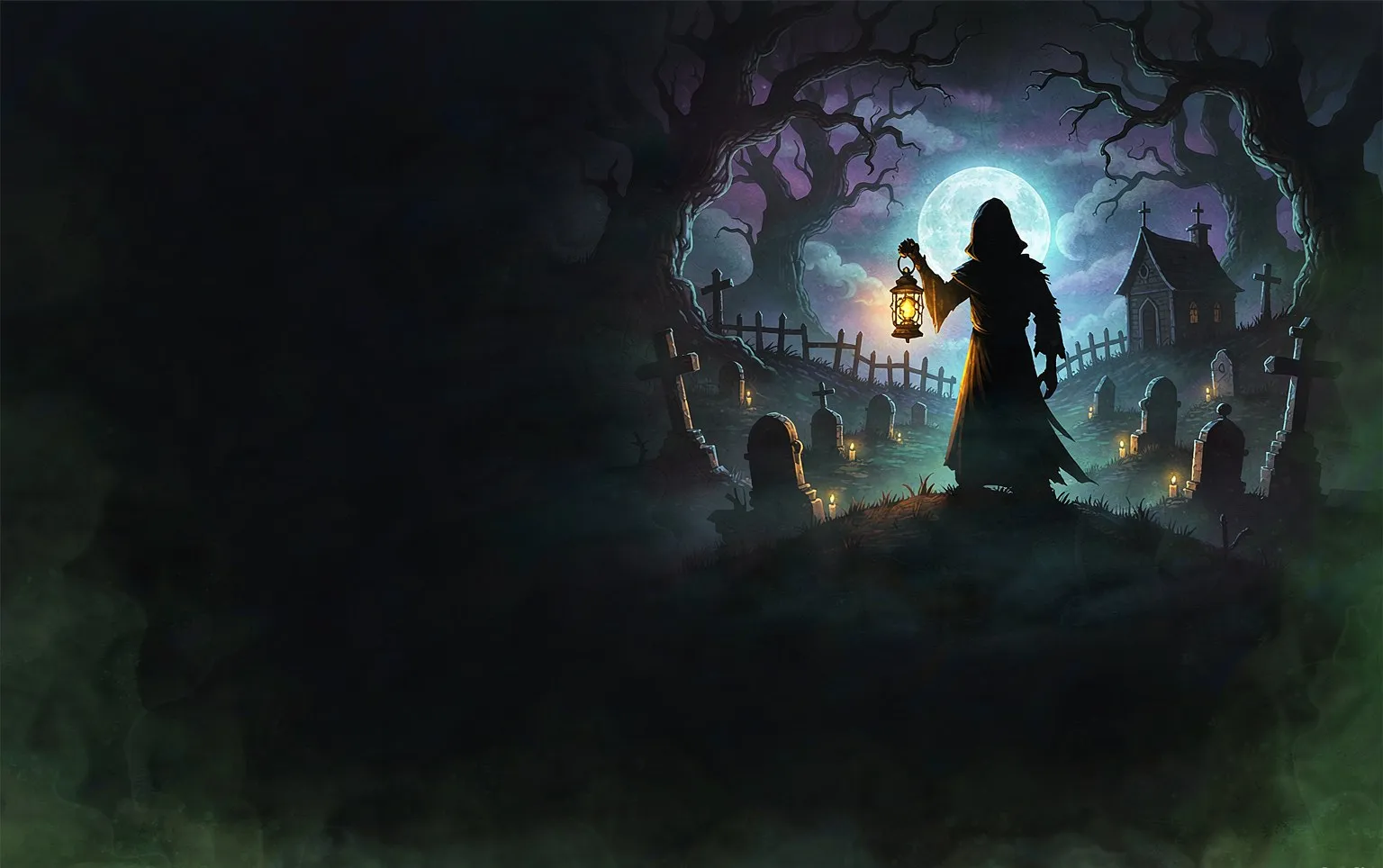 A hooded gravekeeper holding a lantern among moonlit tombstones, with a chapel and purple night sky behind him.